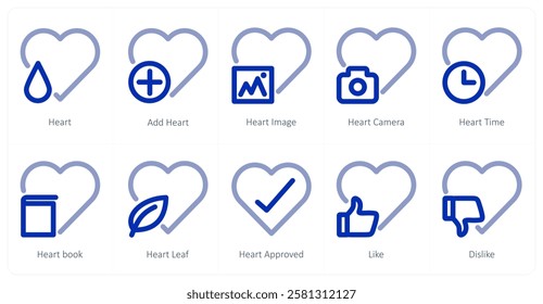 A set of 10 heart icons as heart, add heart, heart image