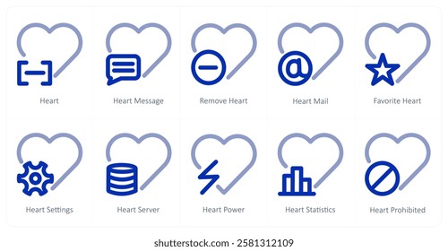 A set of 10 heart icons as heart, heart message, remove heart