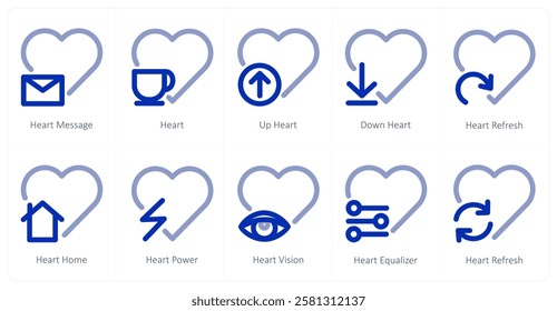 A set of 10 heart icons as heart message, heart, up heart