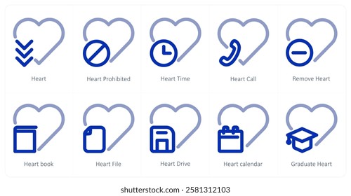 A set of 10 heart icons as heart, heart prohibited, heart time