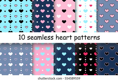 Set of 10 Heart shape vector seamless patterns. Endless texture can be used for printing onto fabric and paper or scrap booking. Valentines day background for invitation.
