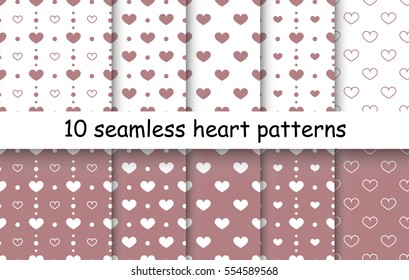 Set of 10 Heart shape vector seamless patterns. Pink and white color. Endless texture can be used for printing onto fabric and paper or scrap booking. Valentines day background for invitation.