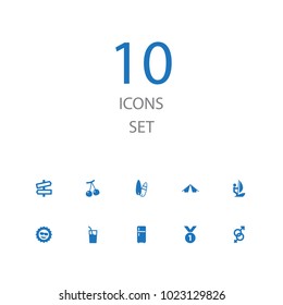Set of 10 hobby icons set. Collection of camping, reward, relationship and other elements.
