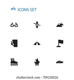 Set Of 10 Hobby Icons Set.Collection Of Roller Skates, Peak, Hiking And Other Elements.
