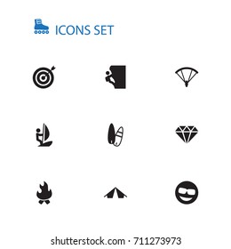 Set Of 10 Hobby Icons Set.Collection Of Surfing, Hiking, Tent And Other Elements.
