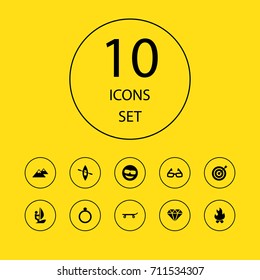 Set Of 10 Hobby Icons Set.Collection Of Canoe, Bonfire, Surfer And Other Elements.