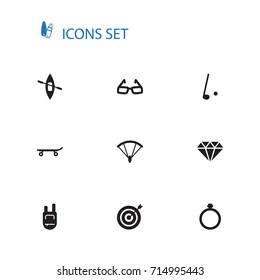 Set Of 10 Hobby Icons Set.Collection Of Diamond, Skateboard, Canoe And Other Elements.