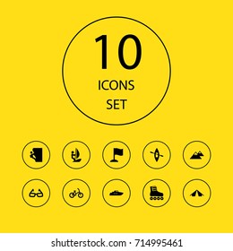 Set Of 10 Hobby Icons Set.Collection Of Canoe, Hiking, Ship And Other Elements.