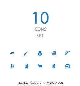 Set Of 10 Hobby Icons Set.Collection Of Pistol, Backpack, Signpost And Other Elements.