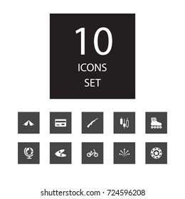 Set Of 10 Hobby Icons Set.Collection Of Roller Skates, Globe, Payment And Other Elements.