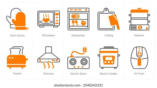 Un conjunto de 10 iconos de electrodomésticos como guantes de horno, microondas, lavavajillas