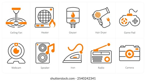 A set of 10 home appliances icons as ceiling fan, heater, geyser