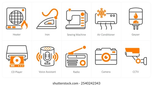 A set of 10 home appliances icons as heater, iron, sewing machine