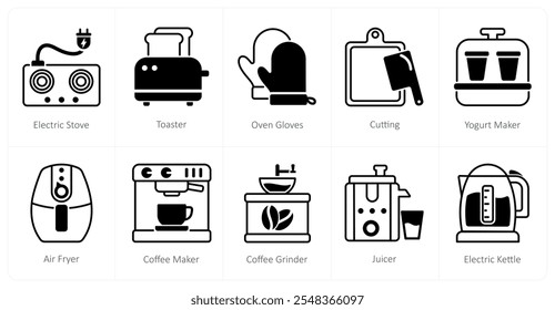 A set of 10 home appliances icons as electric stove, toaster, oven gloves