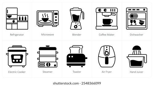 Um conjunto de 10 ícones de eletrodomésticos como geladeira, micro-ondas, liquidificador