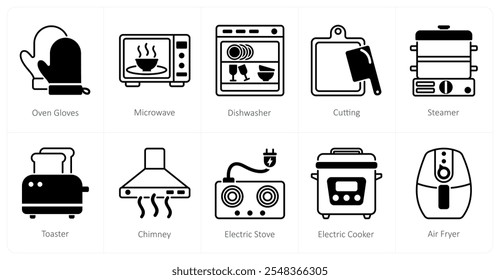 Um conjunto de 10 ícones de eletrodomésticos como luvas de forno, micro-ondas, máquina de lavar louça