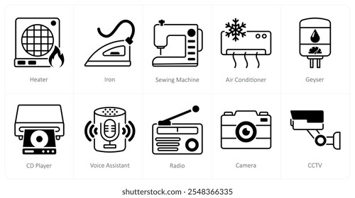 A set of 10 home appliances icons as heater, iron, sewing machine