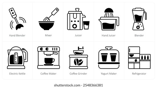 Um conjunto de 10 ícones de eletrodomésticos como liquidificador de mão, misturador, espremedor, espremedor de mão