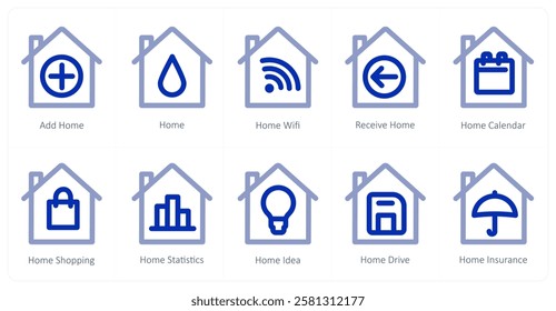 A set of 10 home icons as add home, home wifi, receive home