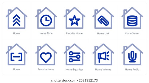 A set of 10 home icons as home, home time, favorite home