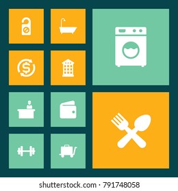 Set Of 10 Hotel Icons Set.Collection Of Washer Machine, Billfold, Carriage And Other Elements.