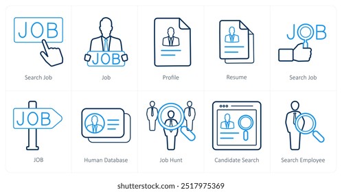 A set of 10 Human Resources icons as search job, job, profile