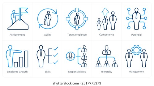Un conjunto de 10 iconos de recursos humanos como logro, capacidad, empleado objetivo