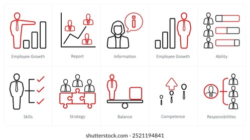 Un conjunto de 10 iconos de recursos humanos como el crecimiento de los empleados, informe, información