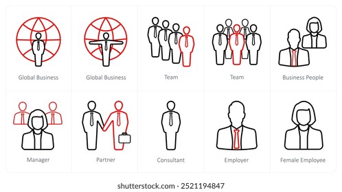 Um conjunto de 10 ícones de Recursos Humanos como empresa global, equipe, pessoas de negócios