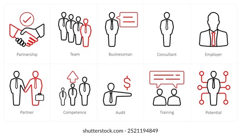 A set of 10 Human Resources icons as partnership, team, businessman