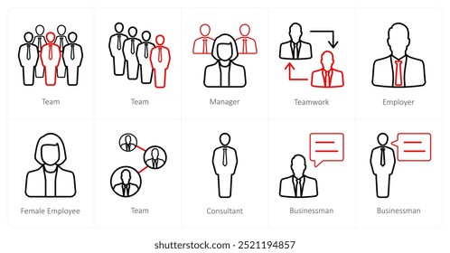 Un conjunto de 10 iconos de Recursos Humanos como equipo, gerente, trabajo en equipo