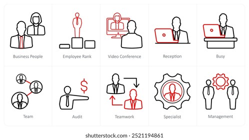 A set of 10 Human Resources icons as business people, employee rank, video conference