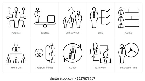 Un conjunto de 10 iconos de recursos humanos como potencial, equilibrio, competencia