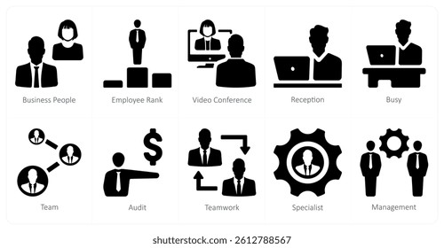 A set of 10 Human Resources icons as business people, employee rank, video conference