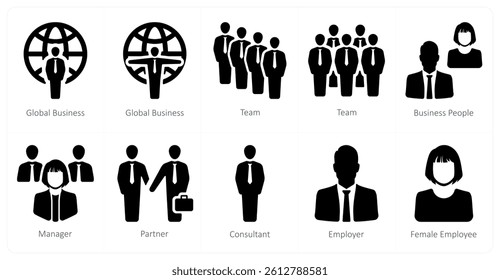 A set of 10 Human Resources icons as global business, team, business people