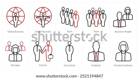 A set of 10 Human Resources icons as global business, team, business people