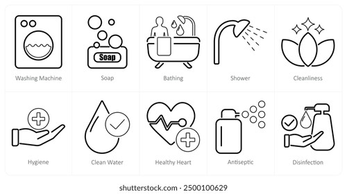 A set of 10 hygiene icons as washing machine, soap, bathing