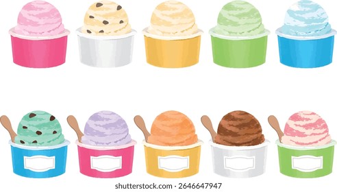 A set of 10 ice cream flavors and ice cream cups.
