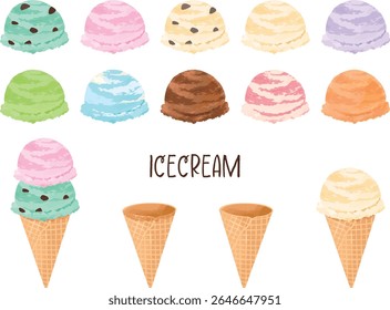 A set of 10 ice cream flavors and ice cream cones.