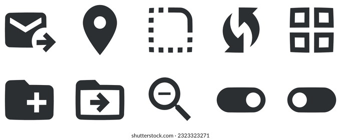 Conjunto de 10 iconos Acciones. Iconos modernos de línea delgada. Contorno a signos aislados. para móviles y web. Paquete de iconos finos rellenos. UI de usuario