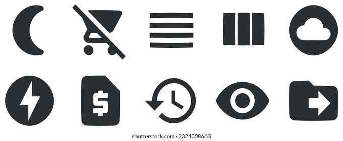 Conjunto de 10 iconos Acciones. Ilustración vectorial de iconos de línea delgada. Contorno a signos aislados. para móviles y web. Paquete de iconos finos rellenos. Ilustración del vector