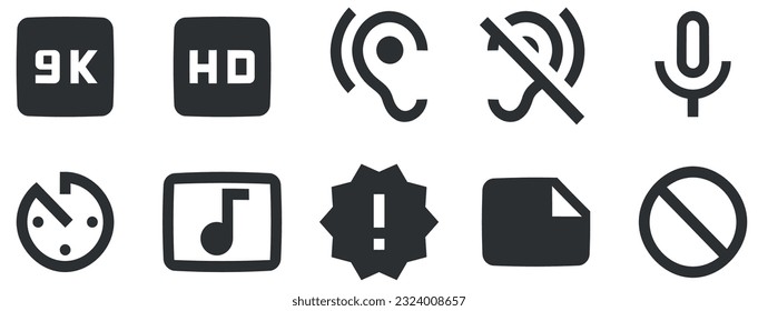 Set von 10 Symbolen Audio und Video. Vektorgrafik von Dünnzeilensymbolen. Umrissschilder einzeln. Lineare Symbole gesetzt. Das große UI-Icon wird in einem flachen Design gesetzt. UI und UX