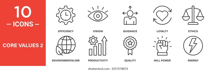 A set of 10 icons highlighting core values such as efficiency, vision, guidance, loyalty, ethics, environmentalism, productivity, quality, willpower, and energy.