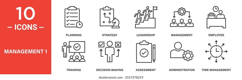 A set of 10 icons illustrating management concepts, including planning, strategy, leadership, training, decision-making, employee management, and time administration.