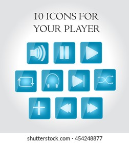 Set of 10 icons for the player in blue color