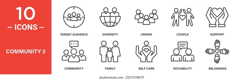 A set of 10 icons representing community concepts, including target audience, diversity, crowd, relationships, support, family, self-care, sociability, and belonging.