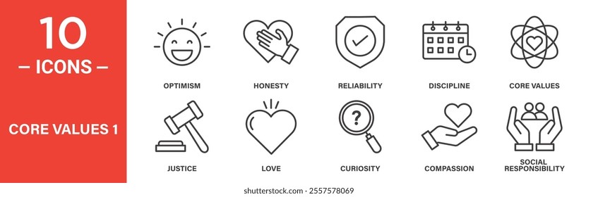 A set of 10 icons representing core values like optimism, honesty, reliability, discipline, justice, love, curiosity, compassion, and social responsibility.