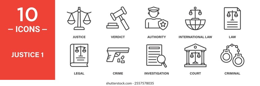 A set of 10 icons representing justice and legal concepts, including scales, authority, law, court, investigation, and criminal justice elements.