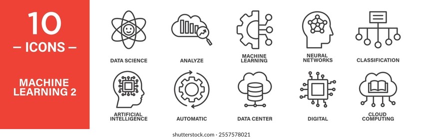 A set of 10 icons representing machine learning concepts like AI, neural networks, data science, automation, classification, cloud computing, and analytics.