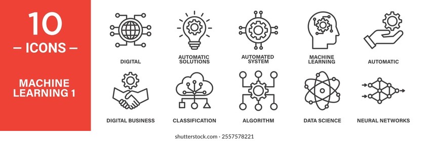 A set of 10 icons showcasing machine learning concepts, including digital solutions, neural networks, algorithms, automation, classification, and data-driven processes.